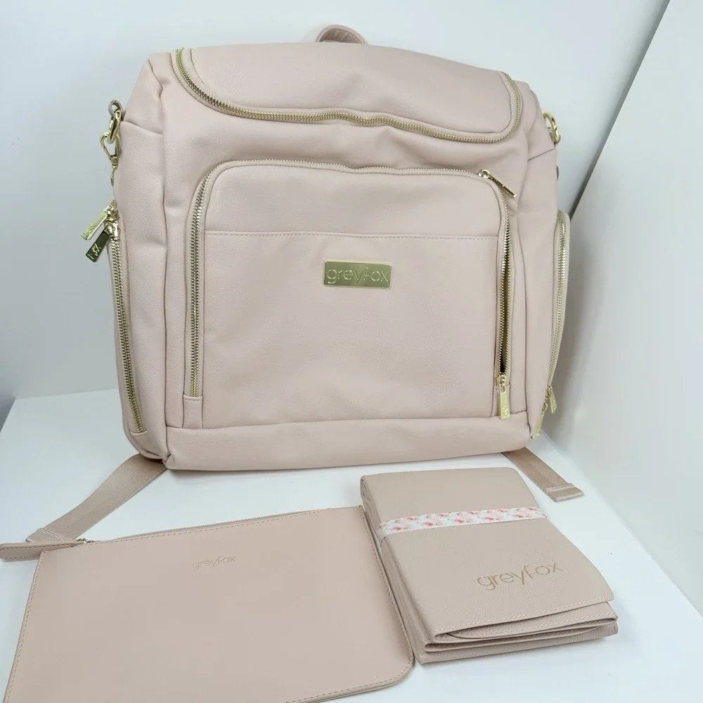 GreyFox Pebble Diaper Bag Backpack Pink Vegan Leather Changing Pad